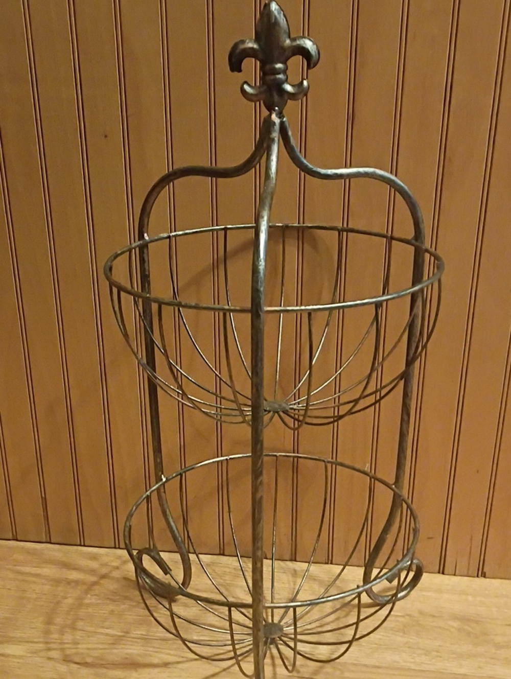 Decorative Two-Tier Wire Basket Stand with Fleur-de-Lis Top